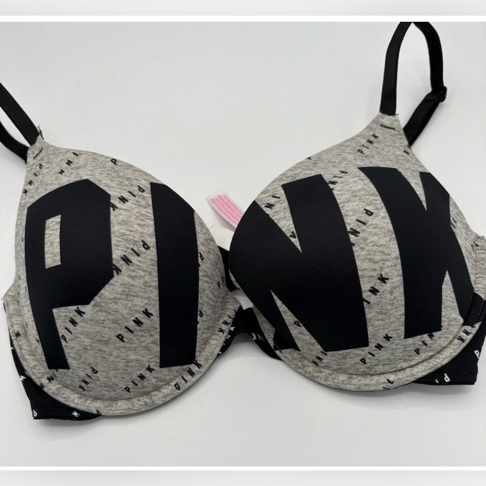 Victoria's Secret PINK Wear Everywhere Push Up Bra 32D Gray Black Logo Pink Line